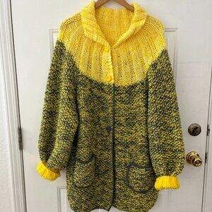 Hand Made Crochet Granny Core Oversized 3 Button Front Yellow/Green Sweater